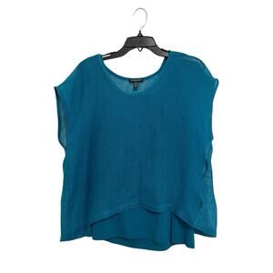 Eileen Fisher 2 Piece Teal Silk Tank Top With Organic Linen Overlay Lagenlook